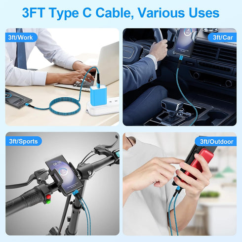 USB C Charger Cable Fast Charging 3 Pack 3ft, for Samsung Galaxy Z Fold 6, iPhone 15 Pro Max, 3.1A Car USB A to C