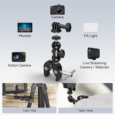 SMALLRIG Super Camera Clamp Mount, Double Ball Head Magic Arm Adapter for Monitor/Light/Camera, for Insta360