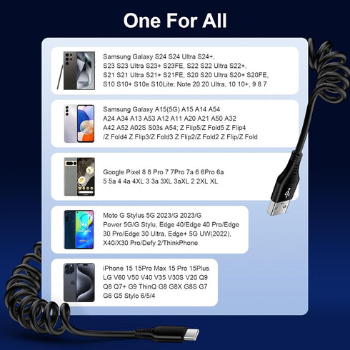 Samsung S24 Type C Coiled Charging Cable 3FT for Galaxy S24/S23/S22/S21/S20, Android Auto USB C Cable Car Charger for