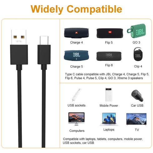 Type-C USB Charger Cable for JBL Charge 4, Charge 5, Flip 5, Flip 6, Pulse 4, Clip 4, Go 3, JRPOP, Endurance Peak II
