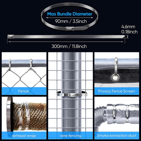 Metal Zip Ties - 100 Pcs 11.8 Inch 304 Stainless Steel Multi-Purpose Cable Ties for Outdoor Use