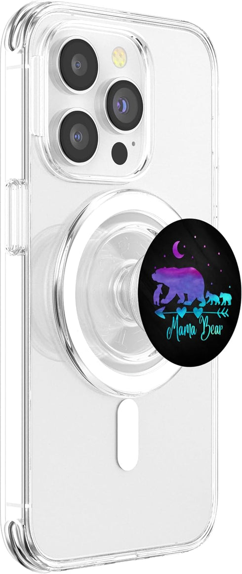 Purple Turquoise Watercolor Mama Bear Three Cubs on a Black PopSockets PopGrip for MagSafe