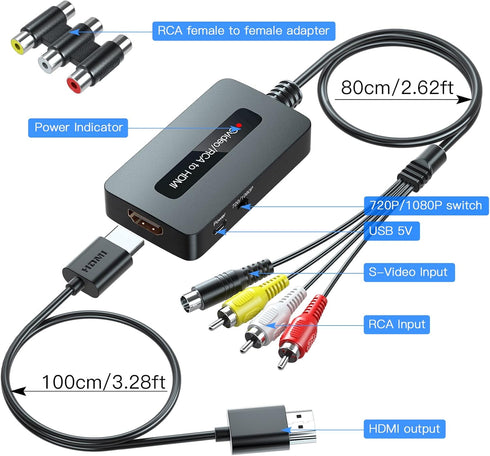 RCA Svideo to HDMI Converter with HDMI Cable, RCA S-Video HDMI Converter, CVBS Composite AV to HDMI Converter