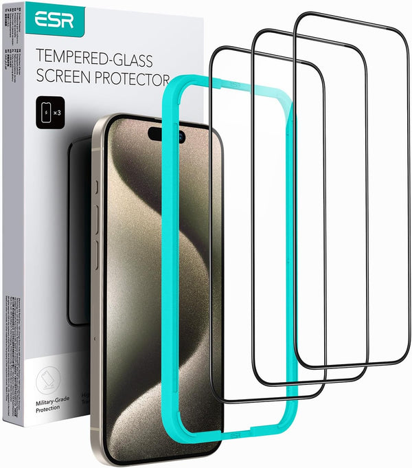 ESR iPhone 15 Pro Screen Protector 3 Pack - Black Edge Tempered Glass, 2.5D Curved, Full-Coverage, Scratch Resistant.