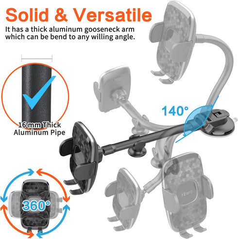 1Zero Solid Car Truck Phone Mount Holder, Thick Gooseneck Long Arm, Windshield Mobile Holders with Suction Cup