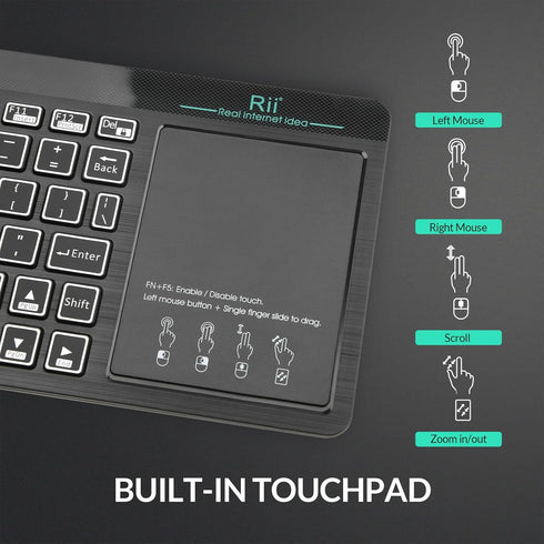 Rii RT518S Wireless and Bluetooth (Dual Mode) 2-LED Color Backlit Multimedia Keyboard with Multi-Touch Big Size