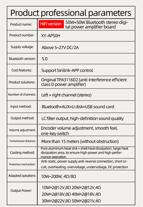 AP50H TPA3116D2 Bluetooth 5.0 Digital Power Amplifier Board, AUX 2X 50W Speaker Stereo Audio AMP Module, Home Music