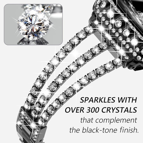Surace Bling Diamond Rhinestone Link Bracelet for Apple Watch Bands 45mm, 2 in 1 Waterproof Bling Case (Black)