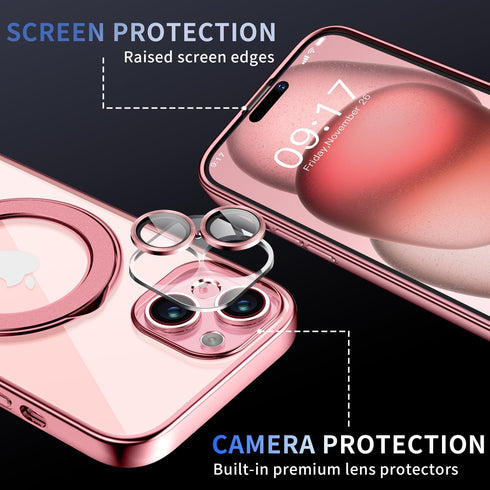 iPhone 15 Magnetic Case with Invisible Stand, Full Camera Lens Protector, Shockproof, Slim, Pink, Military Drop