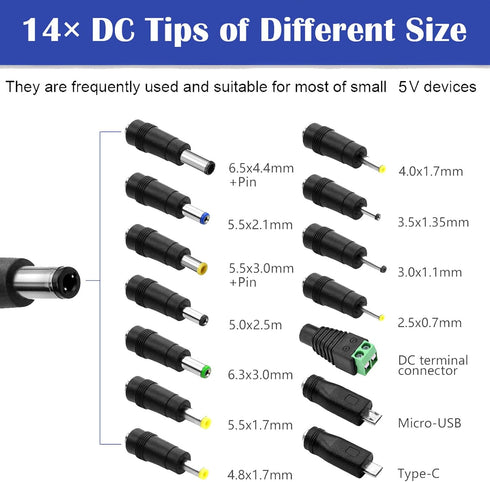 Gilivier 5V 2A 5V 9.8FT 100-240V 5 2 1.5A 1A 0.5A 5.52.5mm 14 Power Supply Adapter DC Power Cord AC to DC Volt Amp
