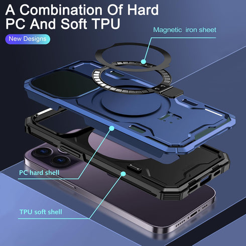 iPhone 13 Pro Max Case - Blue, MIL-Grade Dual Layer, Shockproof, Built-in Stand & Ring Holder, Compatible with MagSafe.