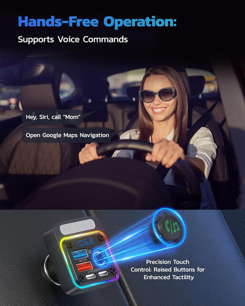 Nulaxy 54W Bluetooth 5.3 Car Adapter with 4 Charging Ports, Wireless Radio FM Transmitter with Deep Bass Player