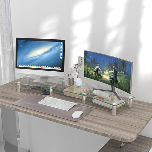 Hemudu Dual Monitor Stand, Adjustable Length and Angle Riser, Desktop Organizer for PC, Laptop