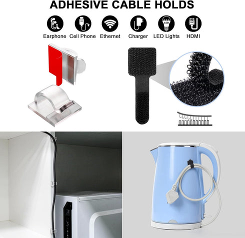 48Pcs Cord Organizer Kit, Reusable Silicone Cable Ties and Strong Adhesive Clips for Cable Management (Black)