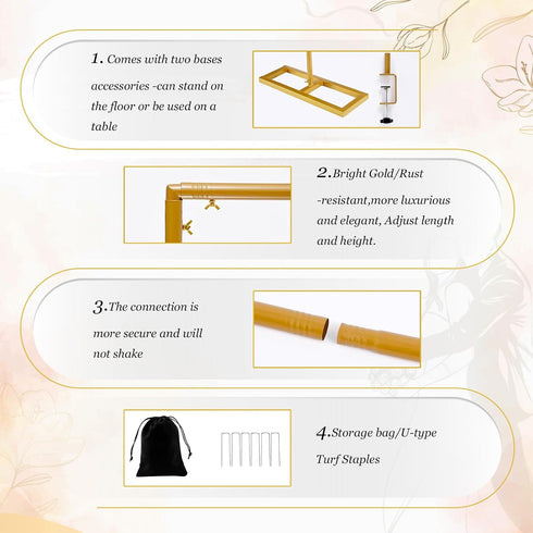 8.2FT 2 Square Backdrop Stand Heavy Duty, Gold Metal Wedding Arch Frame Adjustable, Change Over The Table Rod Stand