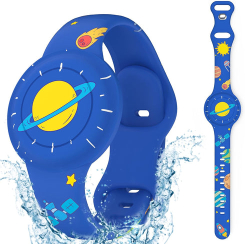 Waterproof AirTag Bracelet for Kids, Cute Cartoon Holder in Soft Silicone for Apple GPS Tracker - Navy Blue Planet