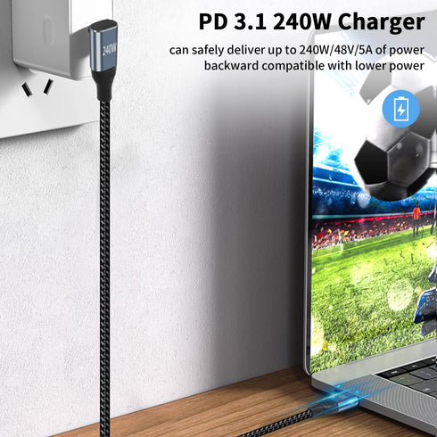 Poyiccot 240W USB C Cable 90 Degree, 10ft Type C to Type C Cable, 90 Degree USB C Cable PD 3.1 240W USB C Charger Cable Up Down Angle with E-Mark Chip for MacBook,Galaxy S20,SSD