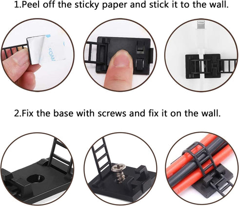 50Pcs Adhesive Cable Management Ties - Extra Screw & Hole, Multi-Purpose Wire Organizer Adjustable Nylon Cable Straps