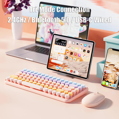 Typewriter Keyboard Wireless, 2.4GHz/Bluetooth/USB-C Rechargeable, Compact 85-Key Retro Round Keycaps, Sweet Pink