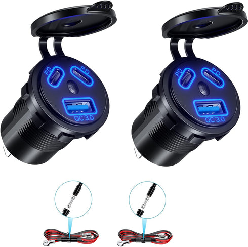 KEWIG 2Pcs 12V USB Outlet Quick Charge 3.0 USB Charger Sockets & Dual PD Type-C Ports, USB Cigarette Lighter Socket