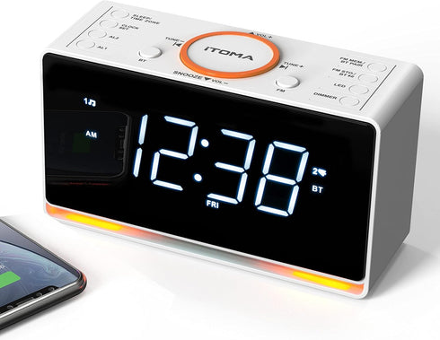 iTOMA Alarm Clock Radio with 1.4" White LED Display, Bluetooth, FM Radio, Dual Alarm, Sleep Timer, Snooze, Auto &