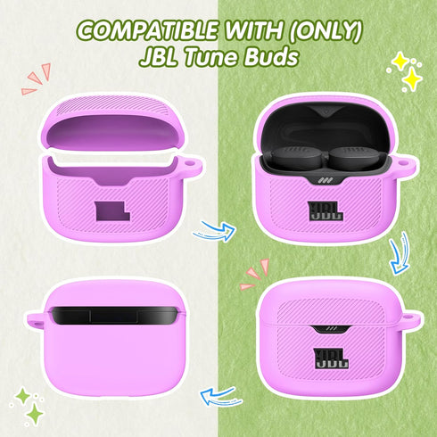 Silicone Case Compatible with Tune Buds, Shock Proof Waterproof Portable Cover with Metal Carabiner, Light Purple