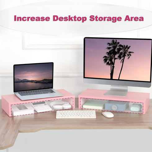 TEAMIX Pink Monitor Riser, 20L Inch Wood Stand for Desk, Sturdy TV/Screen/PC/Printer Riser with Storage (Pink, 20 inch)