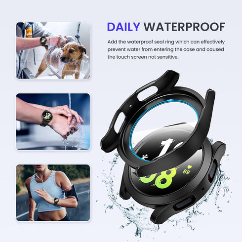 Goton Waterproof Case for Galaxy Watch 5 & 4 with Screen Protector 44mm, No Fog Tempered Glass Face Cover