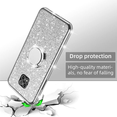 Case for Moto G Power 2021, Shockproof Protection with Ring Kickstand Lanyard, Cute Soft Glitter Cover - Silver