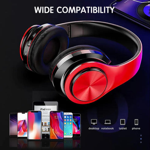 Over Ear Bluetooth Headphones, Foldable LED Stereo Headphones with Built-in Microphone, Noise-Cancelling Wireless
