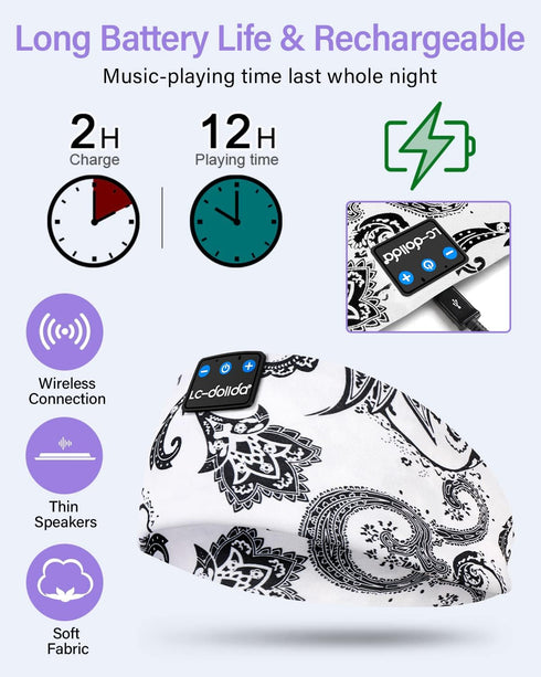 LC-dolida Sleep Headphones - Bluetooth Wireless Headphones with Thin HD Stereo Speakers for Side Sleepers, Travel