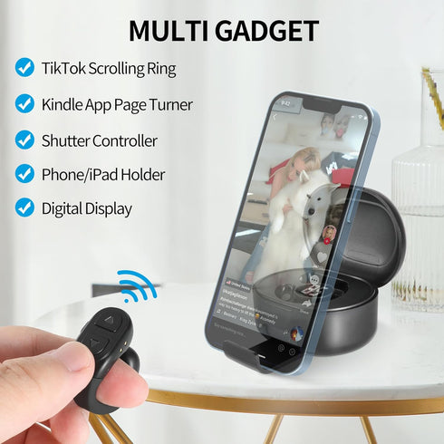 Upgrade TikTok Scrolling Ring, Remote Page Turner for Kindle App, TIK Tok Ring with Stand, Bluetooth Camera Remote Compatible with iPhone, Ipad, iOS Android Cell Phone-Black