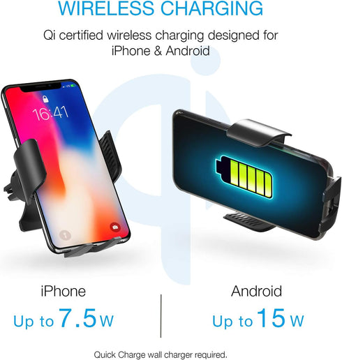 X5 Motorized Qi Car Mount - 15W/7.5W Wireless Charging, Auto Sensing Clamping for iPhone, Android & Galaxy Smartphones