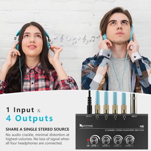 Fifine 4 Channels Metal Stereo Audio Amplifier, Mini Headphone Splitter with Power Adapter, 4x Quarter Inch Balanced