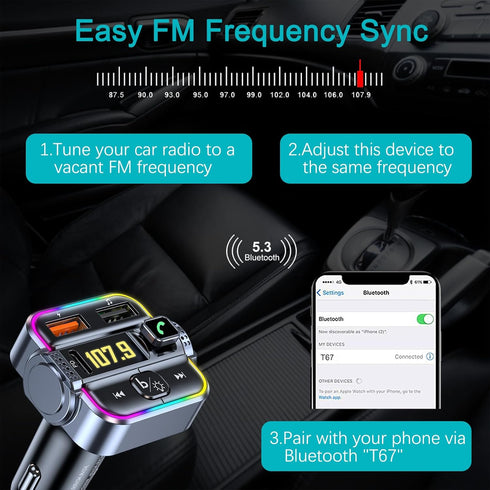 skybess PD30W QC3.0 5.3 FM Transmitter for Car Bluetooth, Upgraded USB C & USB Charger Bluetooth Radio Adapter
