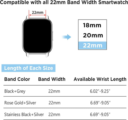 Popglory 22mm Smart Watch Bands for P66 Smart Watches, Adjustable Replacement Straps, Quick Release Wristband