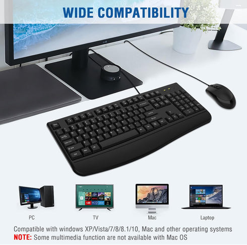 Wired Keyboard and Mouse Combo, EDJO Full-Sized Ergonomic Keyboard with Palm Rest and Optical Wired Mouse