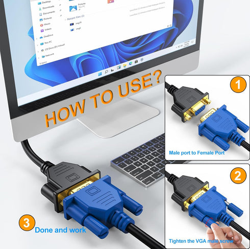 2-Pack VGA Extension Cable 6ft, Male to Female 15 Pin VGA Cord, Support 1080P Full HD for Laptop, PC
