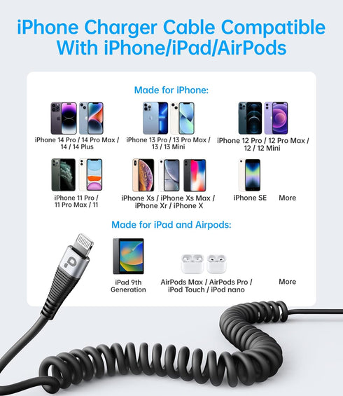 Apple MFi Certified iPhone Charger Cable for Car (3FT/5FT) - 2Pack Coiled Lightning Cord for iPhone 14/13/12/11 Pro