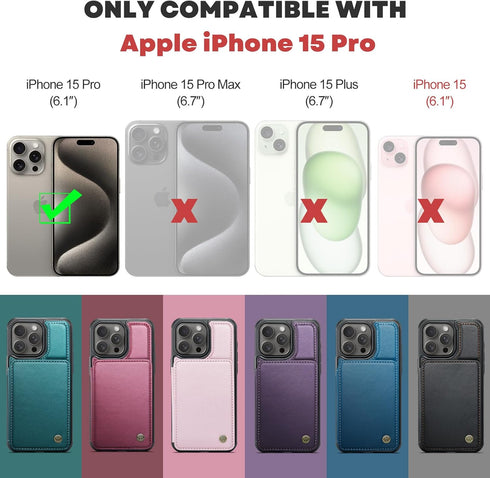 for iPhone 15 Pro Wallet Case with Card Holder, RFID Blocking for iPhone 15 Pro Case for Women Men, Durable Kickstand Shockproof Phone Case for iPhone 15 Pro, Bluish Green