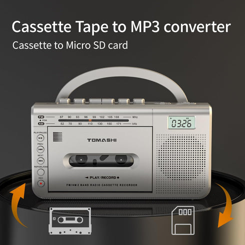 TOMASHI Cassette 3.5mm Portable Player with AM/FM Radio, Headphone Jack, Built-in Microphone