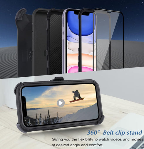 iPhone 11 Case with Belt Clip Holster, Kickstand & 2 Screen Protectors, Heavy Duty Shockproof Drop-Proof Cover 6.1"