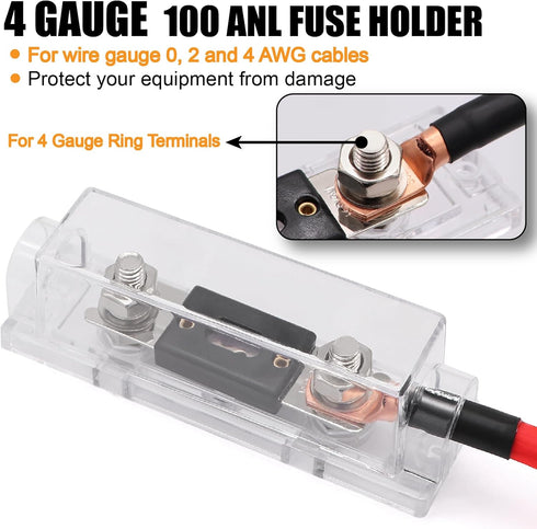 4 Gauge Wire (25ft Black + 25ft Red) Copper Clad Aluminum CCA, 20PCS Lugs, 20PCS Heat Shrink Tubing, 100A ANL Fuse