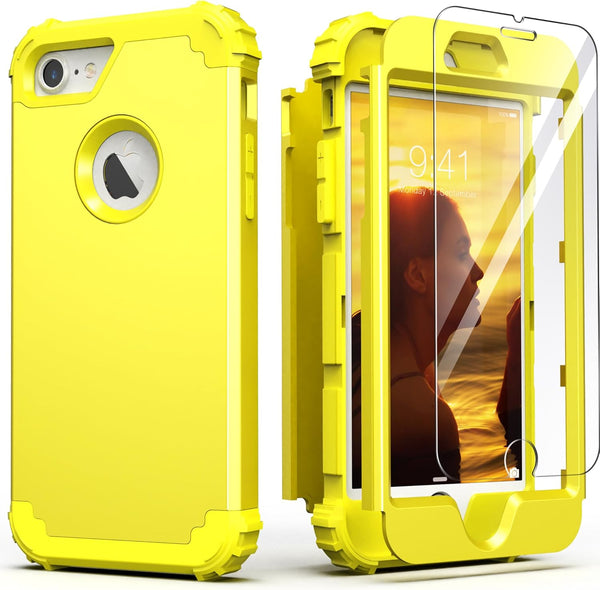 IDweel iPhone 8/7 Full Body Case, Heavy Duty Hybrid Hard PC & Soft Silicone Bumper, Yellow with Screen Protector.