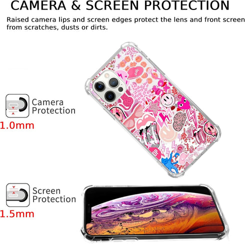Hippie Pink Aesthetic Case for iPhone 14 Pro Max, Vintage Pink Smile Face Collage, Cool Trendy TPU Bumper Cover