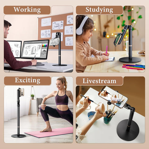 WISFISSH 10"-25" Desk,720Rotatable+180flip Height/Angle Adjustable Phone Holder, Retractable Tall Phone Stand for Phone