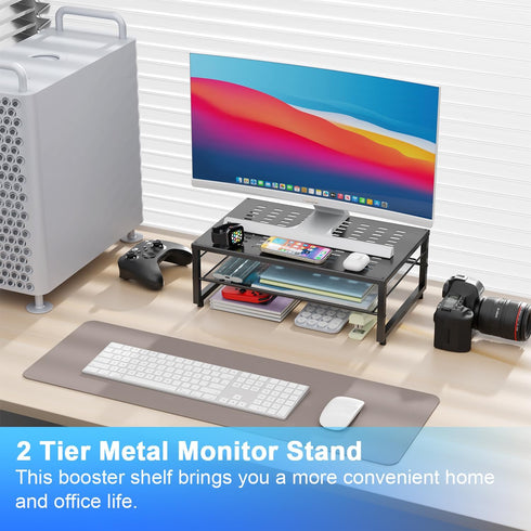 gianotter 2-Tier Metal Monitor Stand Riser, Desk Accessories & Workspace Desk Organizers, Office Desk Storage Organizer for Office Supplies (Black)