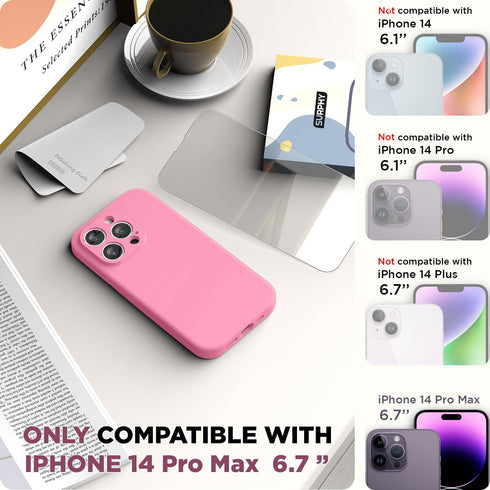 SURPHY Designed for iPhone 14 Pro Max Case with Screen Protector, (with Camera Protection + Soft Microfiber Lining) Liquid Silicone Phone Case (Pink)