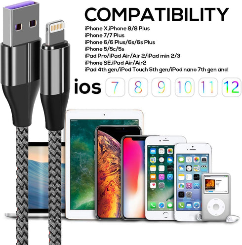 10ft iPhone Charger Cable (3 Pack) - MFi Certified Nylon Braided Lightning USB for iPhone 11/Pro/X/Xs Max/XR/8 Plus/7