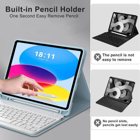 KVAGO iPad 10th Generation Case with Keyboard, 10.9 inch 2022, Detachable Wireless Keyboard, Light Blue